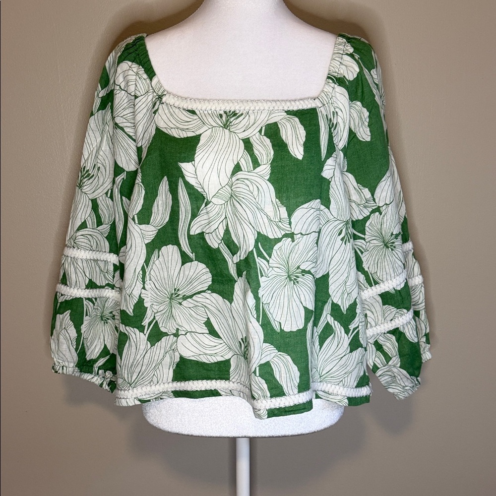Tahari Floral 100% Linen Blouse Large Green White Resortwear